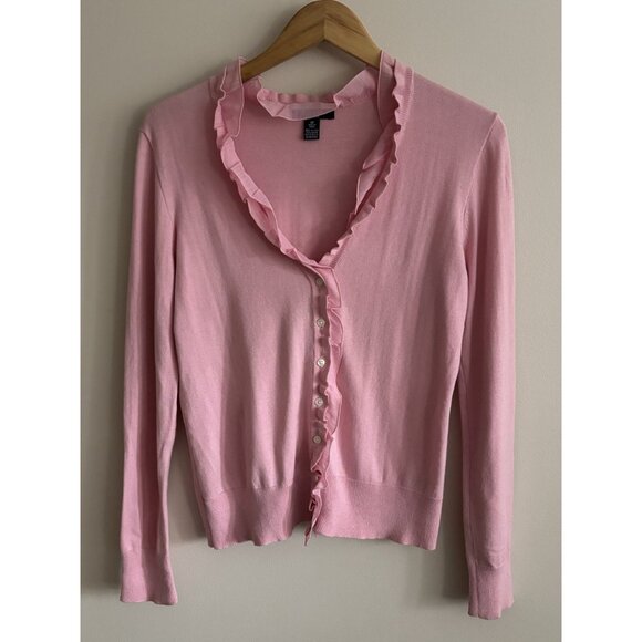 Chaps Pink Ruffle Cardigan Cotton Sweater Button Lightweight Medium Romantic - Picture 3 of 11